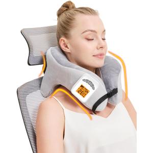 Rechargeable Heated Neck Pillow with Massage, 5000mAh Cordless Neck Heating Pad for Neck Pain, 3-Level Vibration Massage, 104-140 Adjustable Temp, 30/45/60Mins Timer, Type-C Cable & Storage Bag