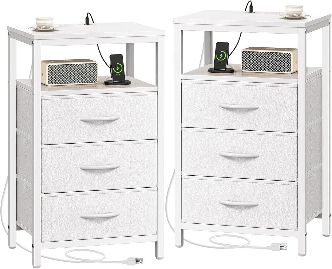 Huuger Nightstands Set of 2, 27.6 Inch End Tables with Charging Station, Bedside Tables with Drawers, PU Leather Finish, USB Port and Outlet, Night Stands for Bedroom, White, 11.8"D x 15.7"W x 27.6"H
