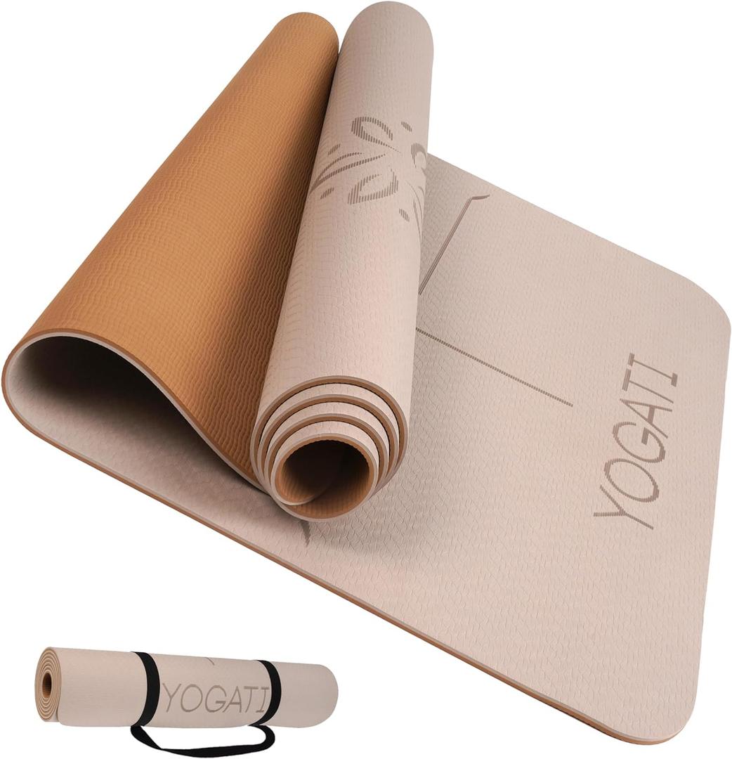 YOGATI Yoga Mat with Strap with Alignment Lines. Home Workout Mat for Women, Men and Kids. Thick Non Slip Yoga Mat for Pilates and Fitness. Brown, Pink and Purple Yoga Mats