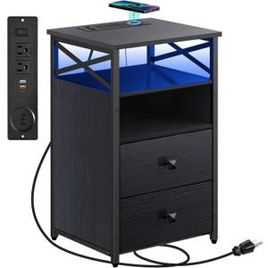 Livofloral LED Nightstand with Wireless Charging Station and Wood Drawers, Black Side Tables Living Room with Charging Station, Storage Bedside Table for Bedroom with LED Light, 1 Pack