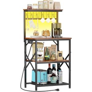 Furologee Bakers Rack with Power Outlet and LED Light, Small Microwave Stand with 4 Tier Shelves, Coffee Bar Station Table with 6 S Hooks, Kitchen Storage Rack for Spices, Pots, Rustic Brown