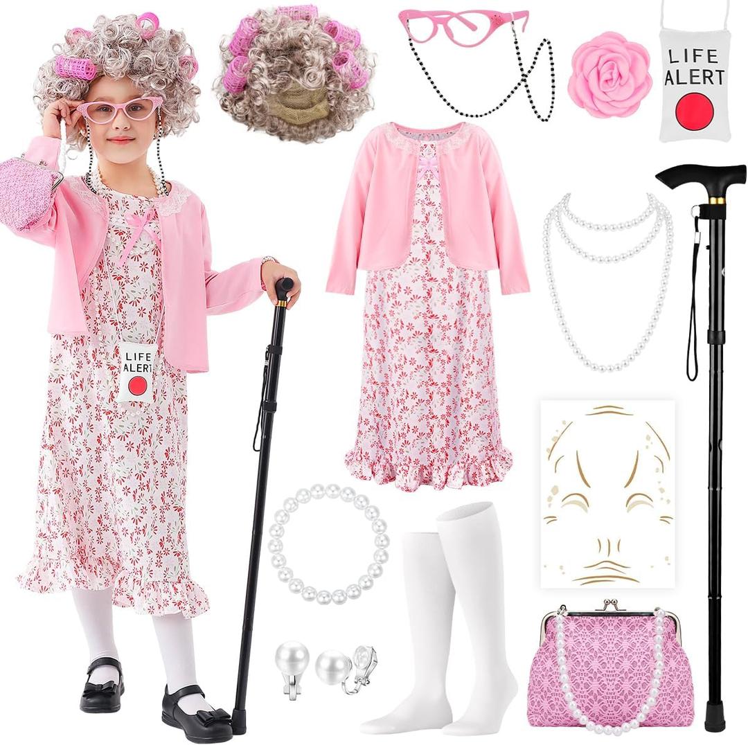 100 Days of School Old Lady Costume Set Grandma Dress Up Cosplay Accessories for Girls 13PCS (L8-10y, Allpink)