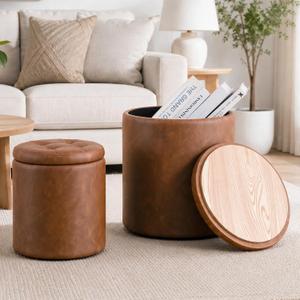 Leather Storage Ottoman Round, Foot Stool with Storage for Living Room, 14.8"D x 14.8"W x 17.3"H
