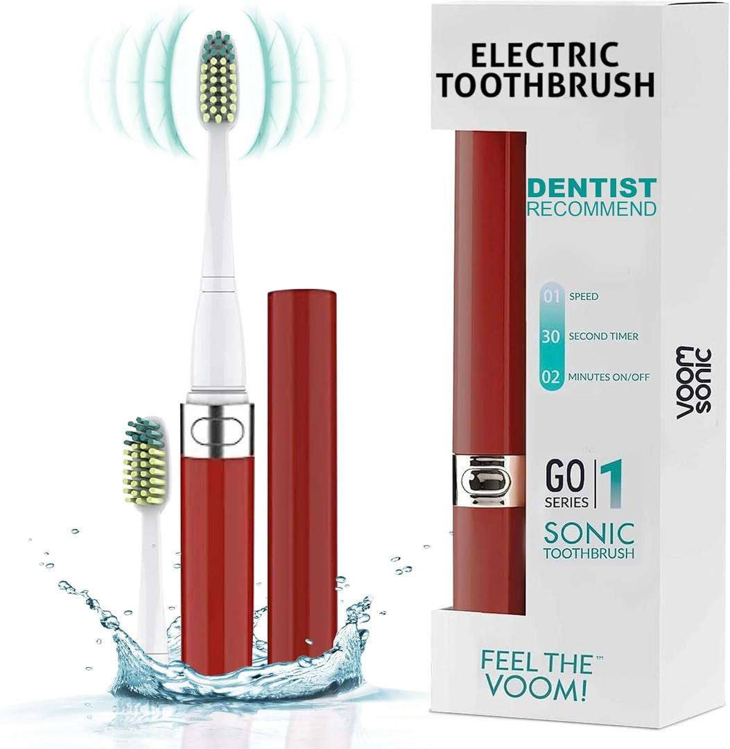 Voom Sonic Go 1 Series Travel Electric Toothbrush Travel Toothbrushes - Battery Operated Toothbrush for Adults & Kids, Dentist Recommended Toothbrush, Portable with 2 Minute Timer (Metallic Red)