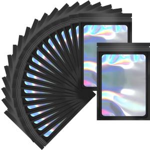 100 Pack Mylar Holographic Packaging Bags Resealable Candy Bags with Clear Window Foil Pouch Bag for Lipgloss, Jewelry, Sample Bag for Small Business (Black, 2.4x3.9 Inch)