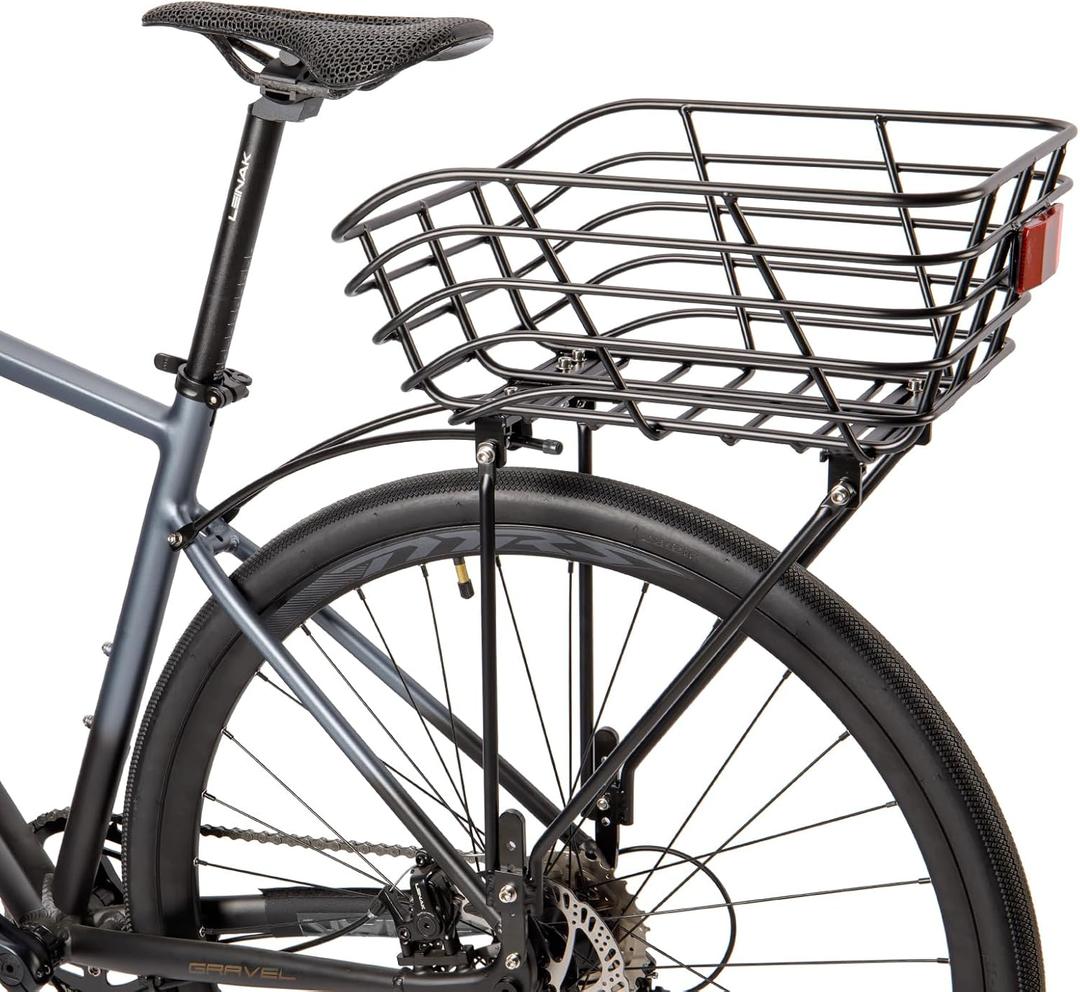 Rear Bike Basket with Rack - Rear Rack with Fixed Basket for Disc Brake/Non-Disc Brake Mount - Bicycle Basket Cargo Touring Carrier fit 26-29 and 700c, Large