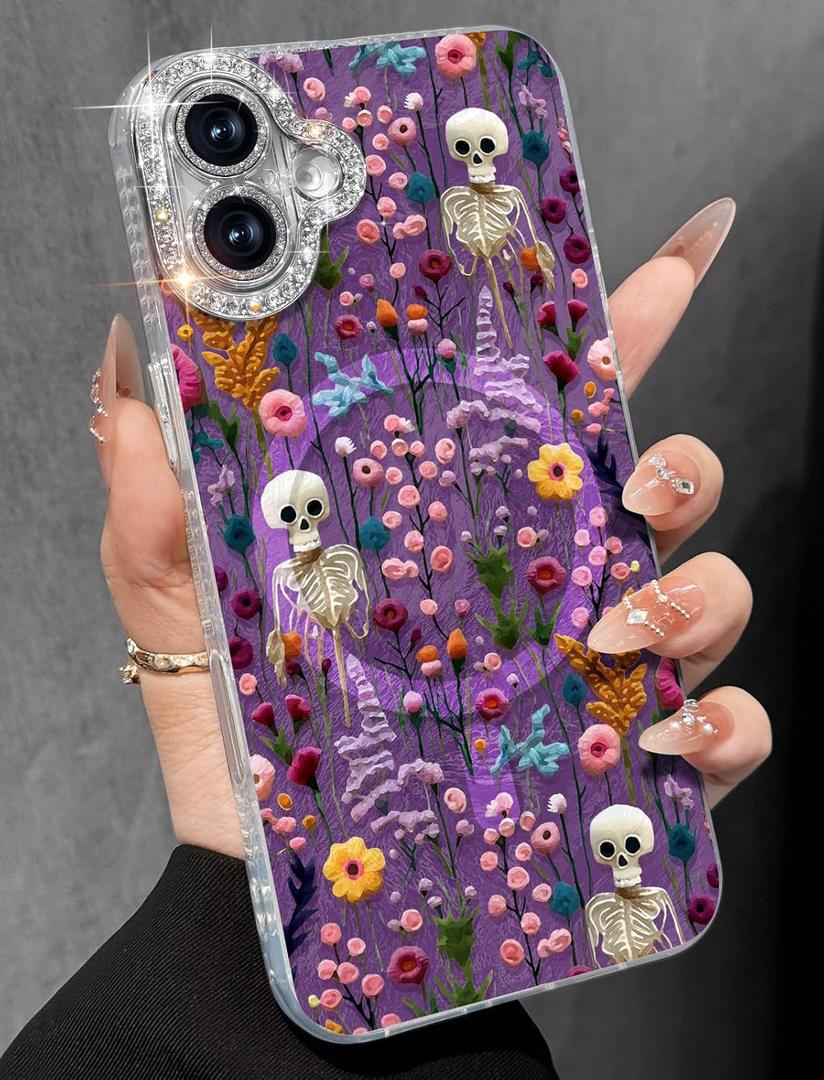 Toycamp for iPhone 17 Case - Compatible with Magsafe Women Girls Aesthetic Cute Girly Kawaii Skeleton Unique Design Laser Bling Lens Protector Magenetic Funda for Apple 17 Phone Cover (Skull Flower)