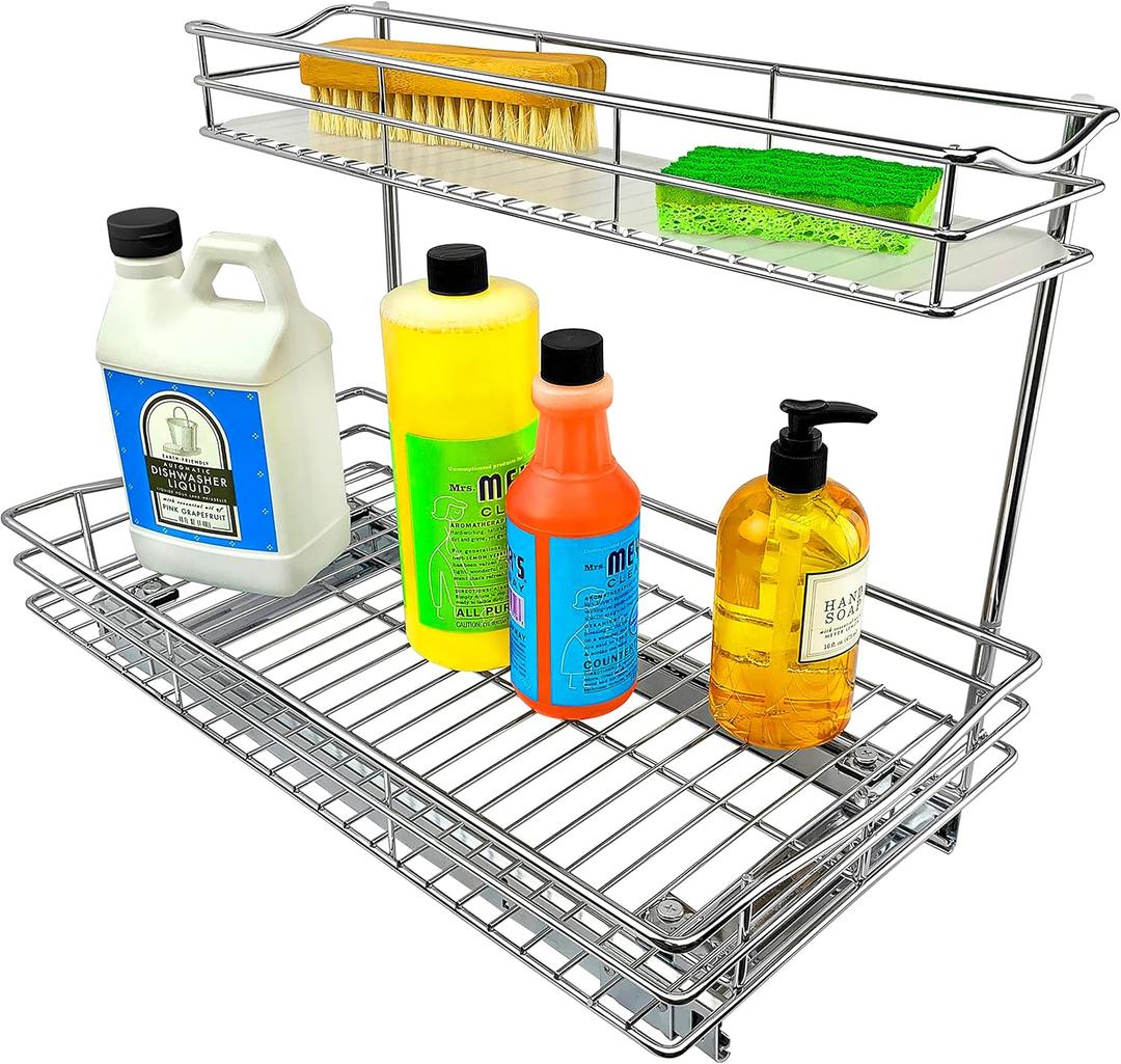LYNK PROFESSIONAL Pull Out Under Sink Kitchen Cabinet Organizer - 11.5 in. x 18 inch deep Drawer - Sliding Shelf Organizer for Cabinets and Undersink Storage Shelves - Chrome