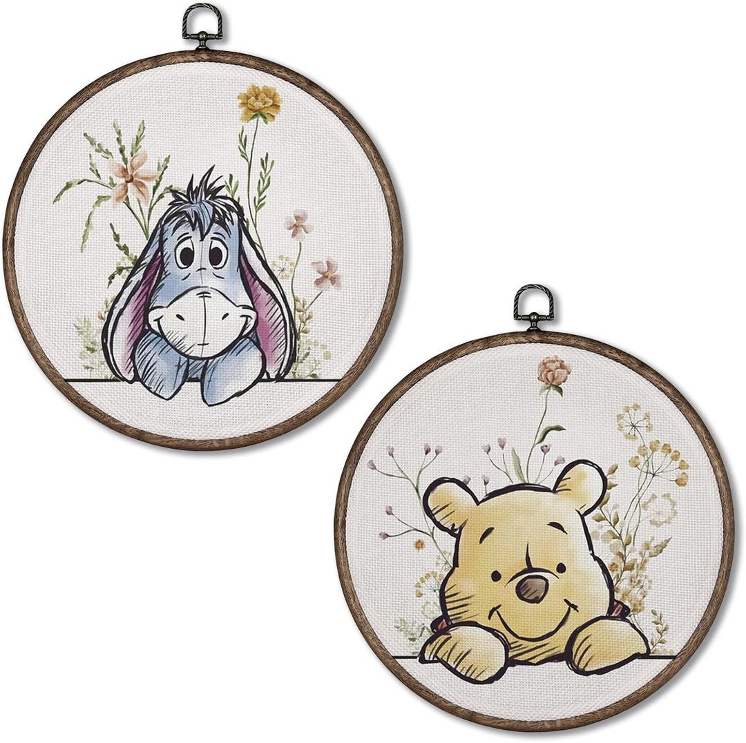 Giosve Bear Donkey Nursery Round Wall Art Canvas Framed Poster, Kids Room Decor, Cartoon Bear Donkey Floral Hanging Wall Sculptures for Kids Nursery Room Bedroom Playroom Decor, 10x10 Inch Set of 2