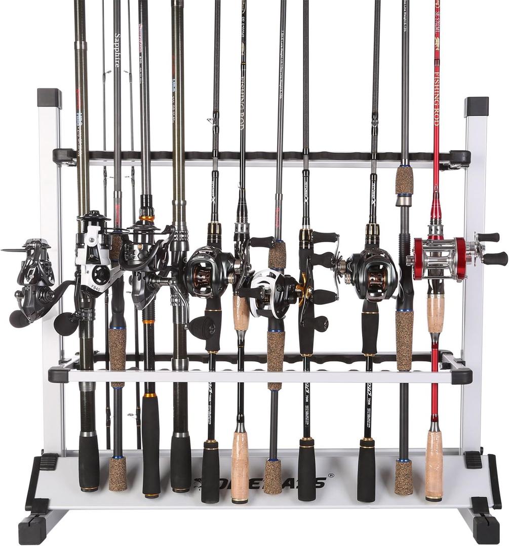 One Bass Fishing Rod Rack Metal Aluminum Alloy Portable Fishing Rod Holder Fishing Rod Organizer for All Type Fishing Pole, Hold Up to 24 Rods (24 Rods Rack-Silver Black)