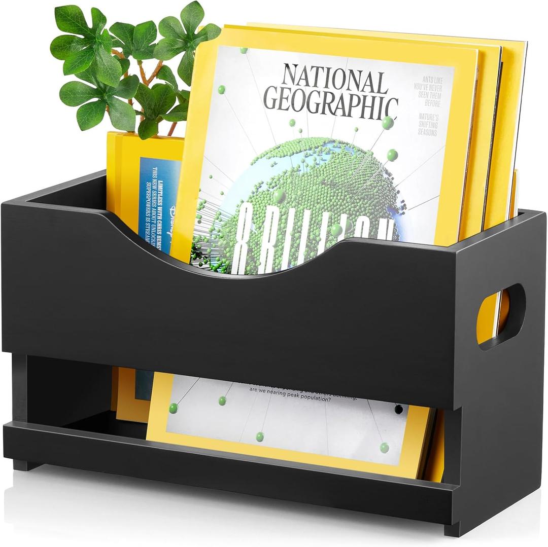 DRASTAR Magazine Rack, Wood Magazine Basket, Magazine Holder for Floor Countertop, Magazine File Newspaper Storage Rack, Magazine Rack for Home Office Bathroom Decor, Black