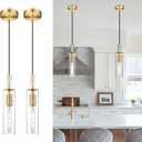 AUTELO 2 Pack Pendant Light Fixtures, Brushed Gold Pendant Lights Kitchen Island, Vintage Cylinder Glass Pendant Lights, Hanging Light for Kitchen Island, Dining Room, H3875 BGNR-2PK (Small - 2 Pack)