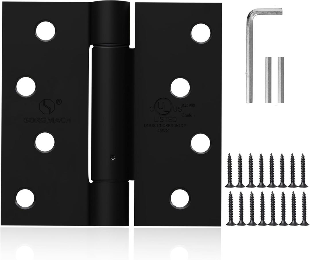 Self Closing Hinge 4 Inch Matte Black Auto Close Door Hinges Adjustable 4 Inch Spring Hinges 4"x 4" Door Closer Hinge Square Corner for Commercial Grade Auto Self-Closing UL Listed, 2 Pack