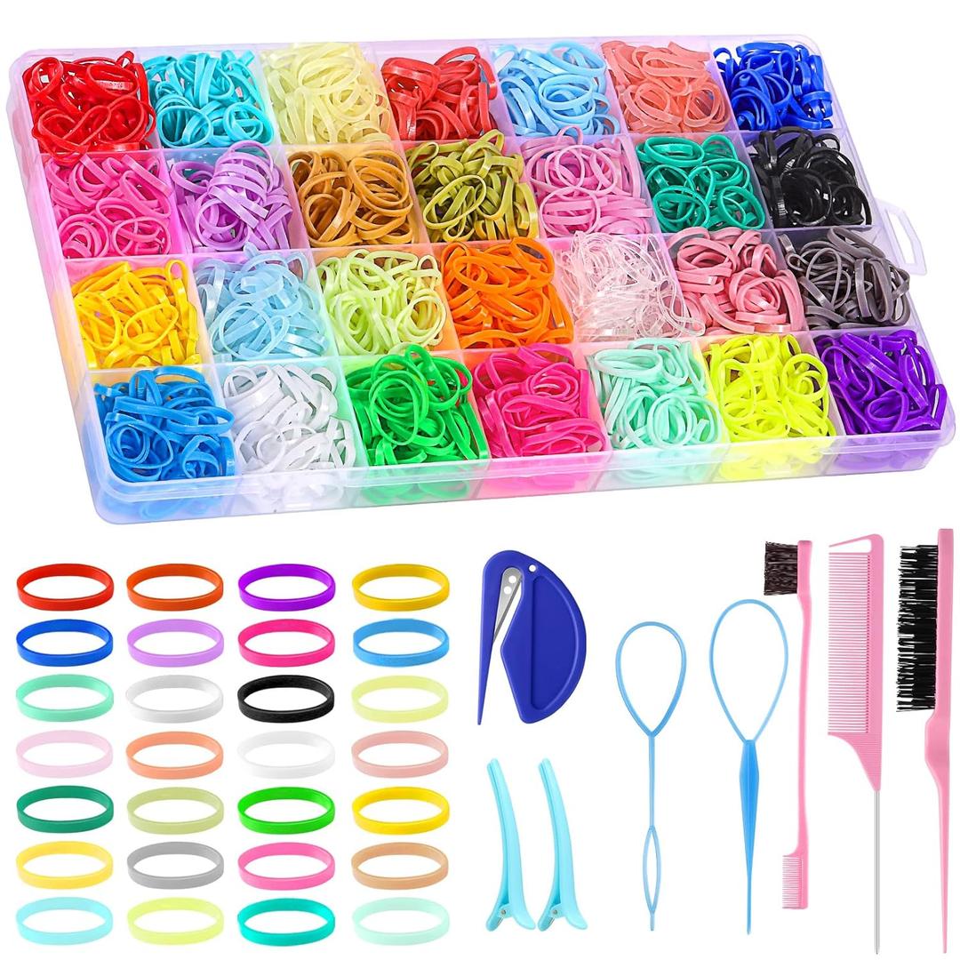 28 Colors Rubber Bands with 8 Hair Styling Tools, 1500 Pcs Colorful Elastic Ties Small Rubber Bands Baby Toddler Ties for Girls Hair Accessories Christmas Gifts (multicolor)