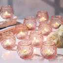 Pink Votive Candle Holders Set of 24- Round Glass Candle Holders Bulk for Flameless LED Tea Waxes, Romantic Candle Holder for Wedding & Home Table Decor, Various Parties