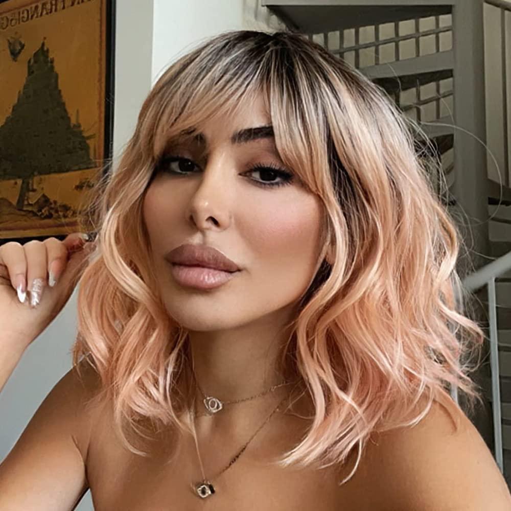 NOBLE Pink Orange Wig for Women Peach Wig with Bangs Ombre Bob Curly Wigs with Air Bangs Synthetic Short Wavy Wigs with Bangs Heat Resistant Synthetic Daily Party Cosplay Costume Wigs (12 Inch (Pack of 1))
