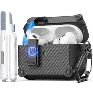R-fun Compatible with AirPods Pro 2nd Generation 2023(USB-C), 2022(Lightning Cable), 1st Gen 2019 Charging Case, Full Drop Protection Auto Pop-Up Lid Design with Cleaner Kit, Fiber Black