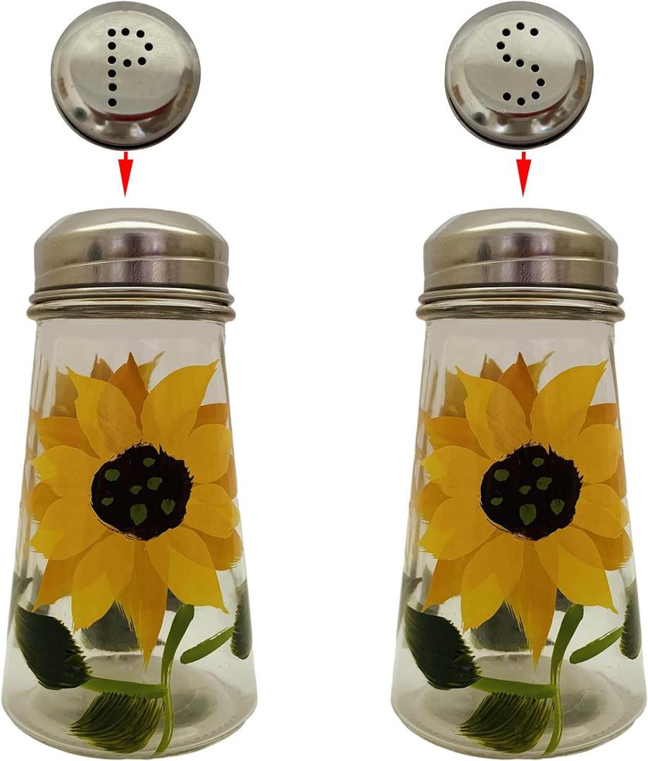 Hand Painted Salt and Pepper Shaker Set with S and P Stainless Lids (2, Sunflowers) Hand Painted Salt and Pepper Shaker Set with S and P Stainless Lids (2, Sunflowers)