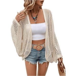 Verdusa Women's Oversized Summer Cardigan Lightweight Sweater Crochet Knit Beach Cover Up Spring Vacation Outfits (Large, Apricot)