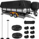 1200D Pontoon Boat Cover with Support Poles 2 Pack, Heavy Duty Pontoon Boat Cover, 21-24 ft Boat Cover for Pontoon with Motor Cover, Adjustable 16 Tie Down Straps, Black