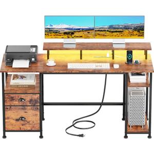 Furologee 61" Computer Desk with Power Outlet and LED Lights, Desk with Fabric File Cabinet Drawer, Large Reversible Table with Shelves and Monitor Stand, Writing Study Table for Home Office