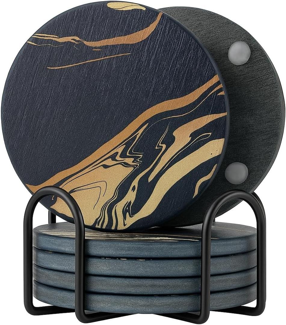 Diatomaceous Earth Coasters Set of 6 with Holder – Modern Farmhouse Decorative Coasters, Black Coffee Table Accessories for Drinks, Durable Scratch-Free Protection for Wood & Glass Surfaces