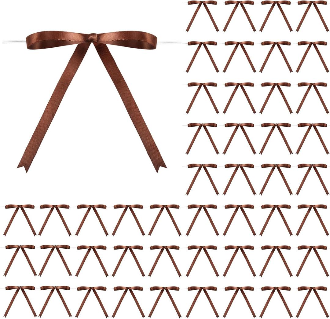 Riceshoot Brown Bows, 50 Pcs 5x7 Inch Twist Tie Satin Ribbon Bows for Gift Wrapping Cake Balloons Treat Bags Birthday Present Holiday Gift DIY Craft Wedding Baby Shower Anniversary Party Decor