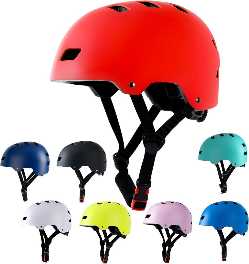 Bike Helmet 3 Sizes for Teenager Kids Youth Adults,Bavilk Skateboard Helmet Adjustable Multi-Sport Bicycle Cycling Scooter Roller Skate Inline Skating Rollerblading for Girls Boys Women Men Teen (L: 23.2-24.0", Matte Red)