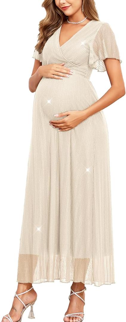 AISWI Maternity Sparkly Mesh Maxi Dress Ruffle Sleeve Wrap V Neck Flowy Pregnancy Dresses Baby Shower Photoshoot Formal (Medium, Champagne)