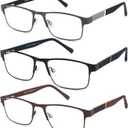 3-Pack Reading Glasses for Men Blue Light Blocking Trendy Metal Frame Computer Readers with Spring Hinges Anti Eye Strain/Glare Uv Ray Filter Eyeglasses(+1.0 Magnification Strength)