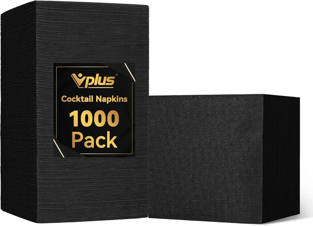 Vplus 1000 Pack Black Cocktail Napkins, Elegant Beverage Napkins, 3-Ply Disposable Paper Napkins 4.9x4.9 inch, Perfect for Restaurant, Bar, Party, Wedding, Dessert Napkins