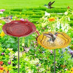2Pcs Metal Bird Baths for Outside, Hummingbird Small Birdbath Bowl for Outdoors with Metal Stake, Bird Feeder for Garden Yard Lawn Decor (2PRed&Yellow)