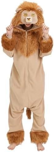 AMAMHAHAVA Lion Onesie Pajamas for Adults Fun Halloween Costume Animal Cosplay Cozy One-Piece Pajamas for Men and Women XL