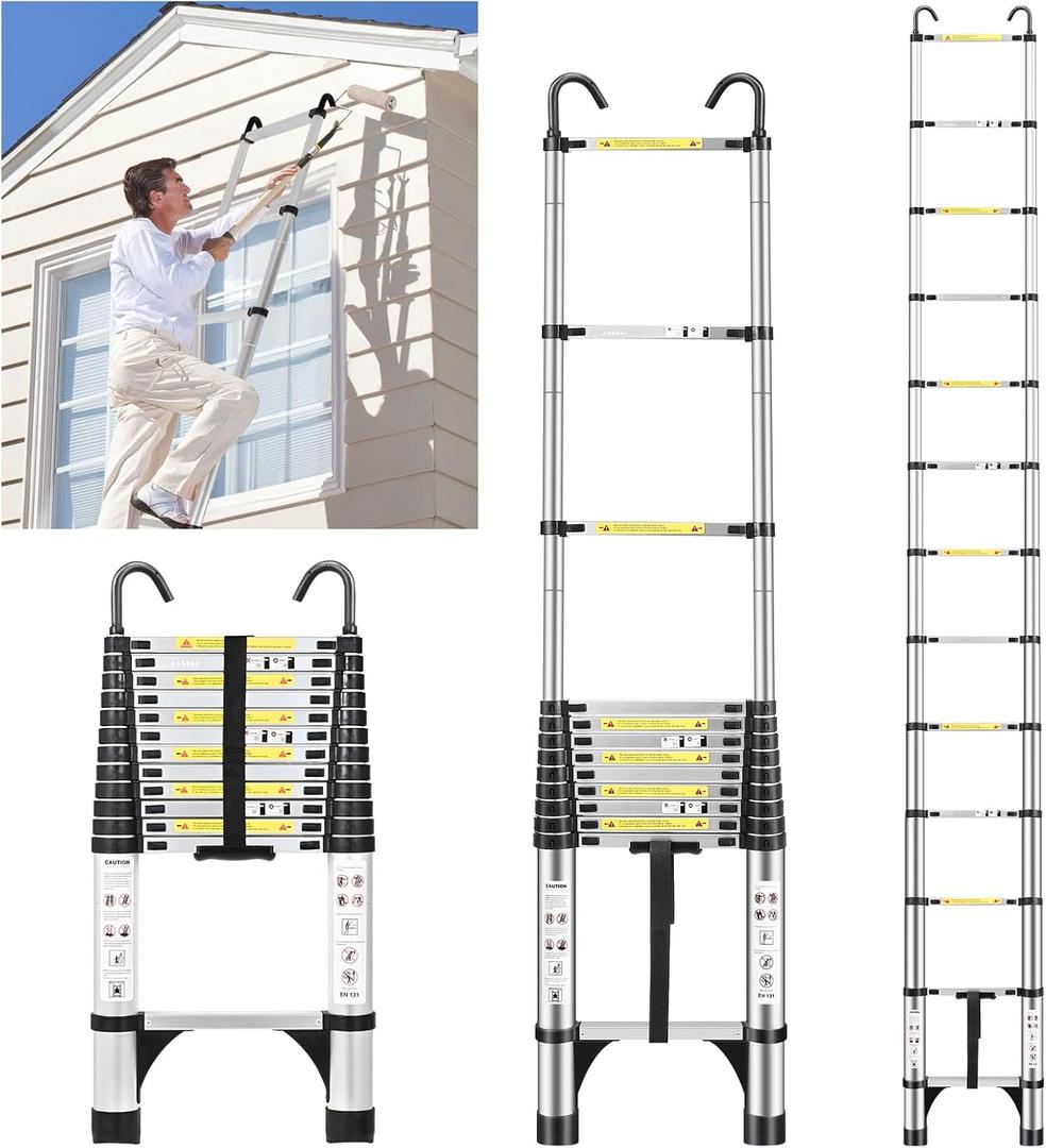 JADDUO 12.5 FT Telescopic Ladder, Aluminium Silver Telescoping Ladder with Non-Slip Feet and Stable Hook, Portable Extension Ladder for Household and Outdoor Working, Heavy Duty 330 lbs Max Capacity