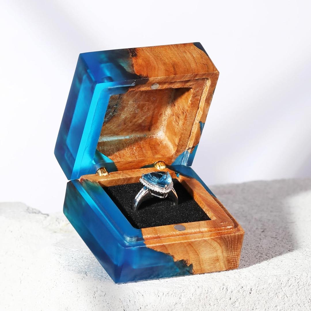 Wedding Ring Box, Blue Engagement Ring Box with Single Slot for Proposal Wedding Ceremony, Handcrafted, Made of Wood and Resin