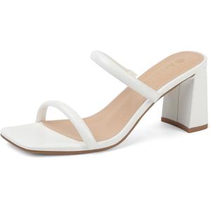 Women's Square Open Toe Heeled Sandals Two Strap Mules Slip On Block Chunky Mid Heels Sandals (6.5, White)