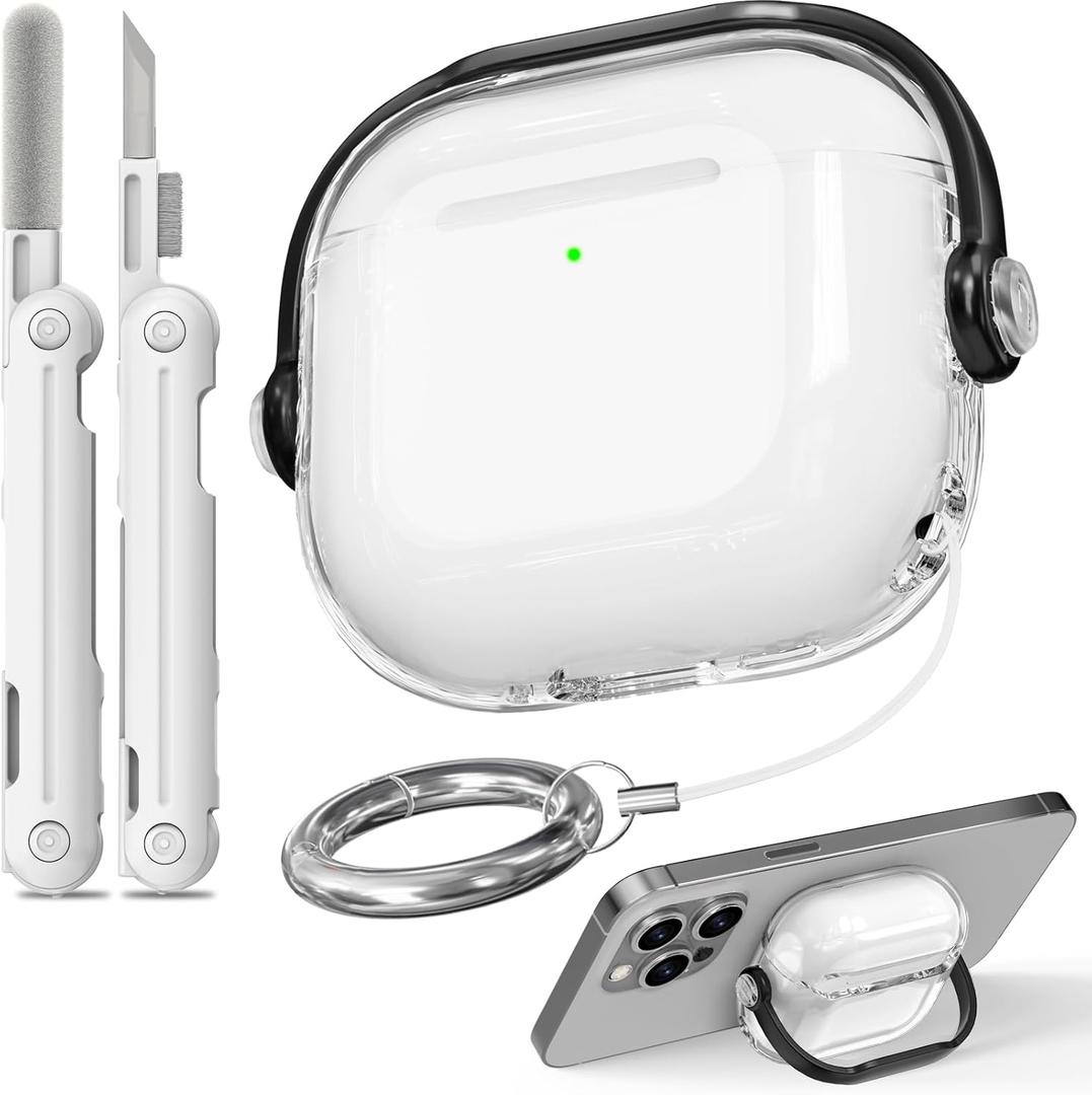 Safety Lock for Airpods 4 Case,TPU Clear Case for Apple Airpods 4 Case 2024 USB-C with Cleaner Kit, Drop Protection Airpods 4 Case Cover for Men for Women with Lock and Keychain, Clear+Black