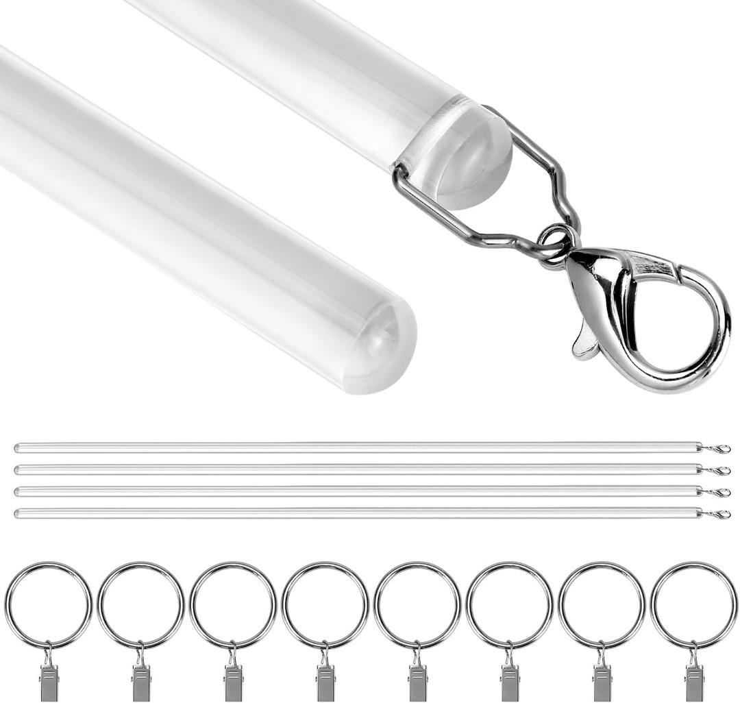 QWORK 40 Inch Clear Acrylic Curtain Pull Wand (4 Pack) with Strong Lobster Hook and Extra Ring Attachments