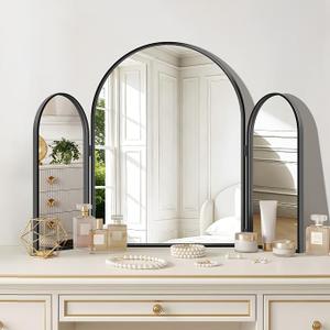 Trifold Vanity Mirror, 36x24Inch 3 Way Mirror Metal Frame for Bathroom, Black Tri Fold Arched Mirror Wall Mounted for Make up, Bedroom, Livingroom, Dressing Table and Braiding Hair