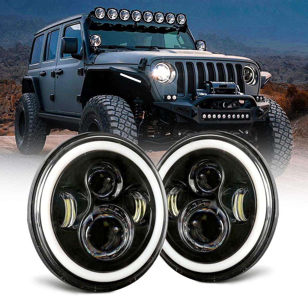Jeep wrangler headlight, Dot Approved Hi/Lo Beam with White DRL/Amber Turn Signal Angel Eyes Compatible with 2007-2017 Jeep Wrangler 7 Inch Halo headlights JK JKU LJ TJ CJ -1 Pair (Black)