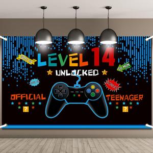 Video Game Birthday Decorations 8 9 10 11 12 13 14th Birthday Decorations for Boys Gaming Theme Photo Props Backdrop Banner Teenager Party Decoration(Level 14)