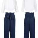 FANCYINN Womens 2 Piece Crop Pants Set V Neck Long Sleeves Tops High Waisted Cropped Paper Bag Pants with Belt Navy Blue Pants & White Blouse Top, XL