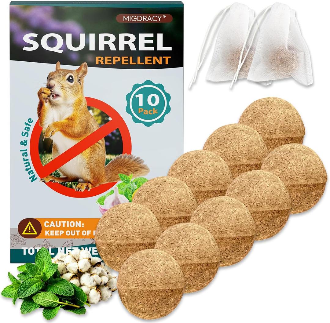 Squirrel Repellent Balls, 10 Pack Natural Plant-Based Formula, Long-Lasting Outdoor Animal Deterrent, Repel Skunk, Chipmunk & Raccoon, Mess-Free Drawstring Pouches for Yard, Garden, Attic & Car Engine