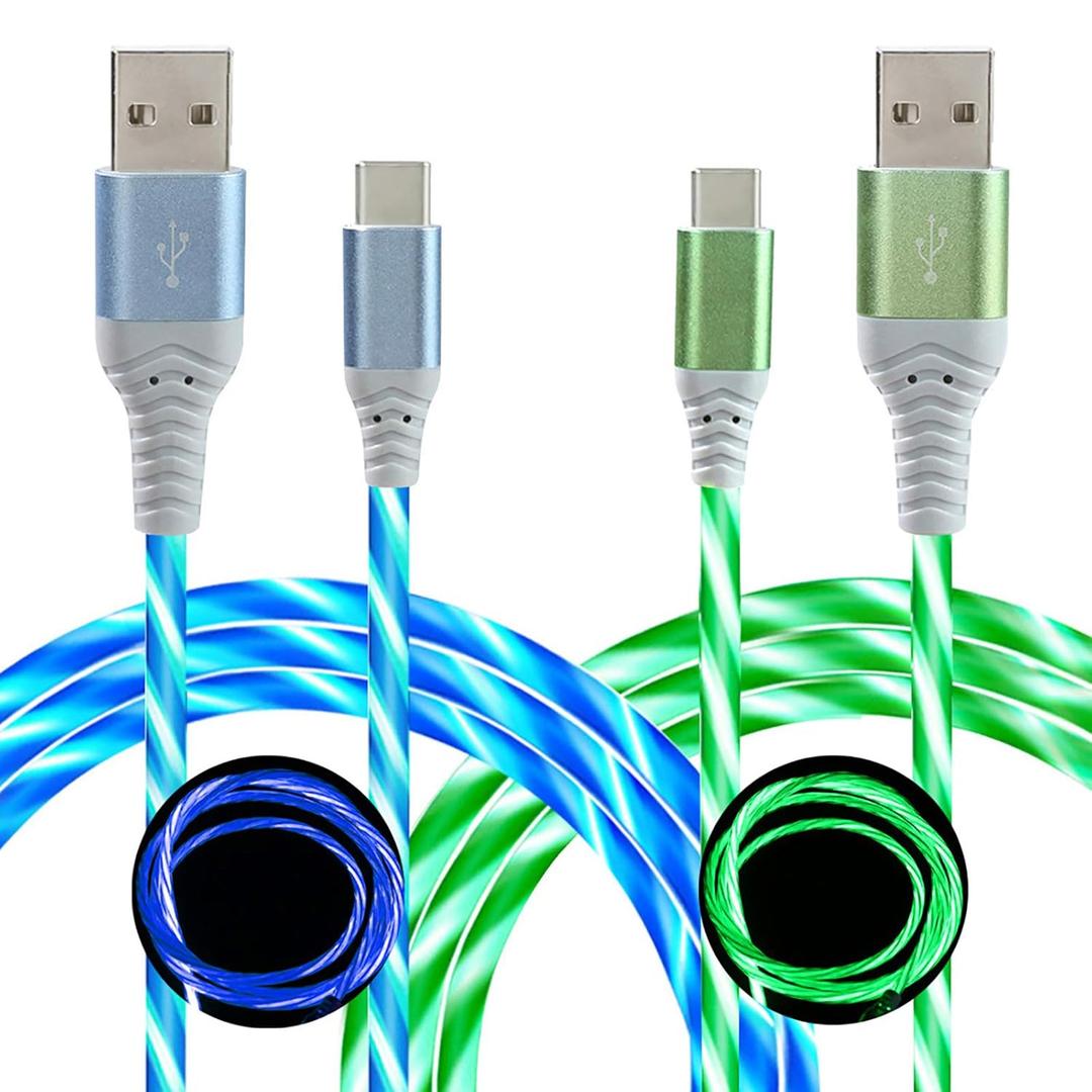 LED USB C Cable [2-Pack, 6FT], Light Up Visible Flowing LED Type C Fast Charging Cable Compatible with Phone 16 15, Samsung Galaxy S24 S23, Pixel and More (Blue & Green)