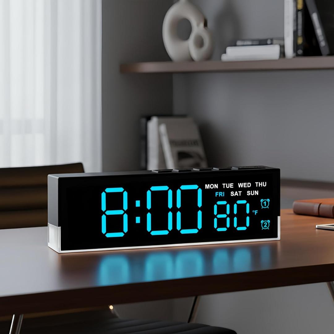 45MinST 7-Inch LED Digital Alarm Clock with Bottom Glow LightDisplays Time, Date, Day, TemperatureDual Alarms, DST, Auto/Manual 3-Level Brightness, Battery or USB Powered Desk Clock,Blue