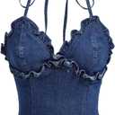 OYOANGLE Women's Lettuce Trim Spaghetti Straps Tie Backless Halter Denim Top Slim Fitted Jean Cami Tops (Medium)