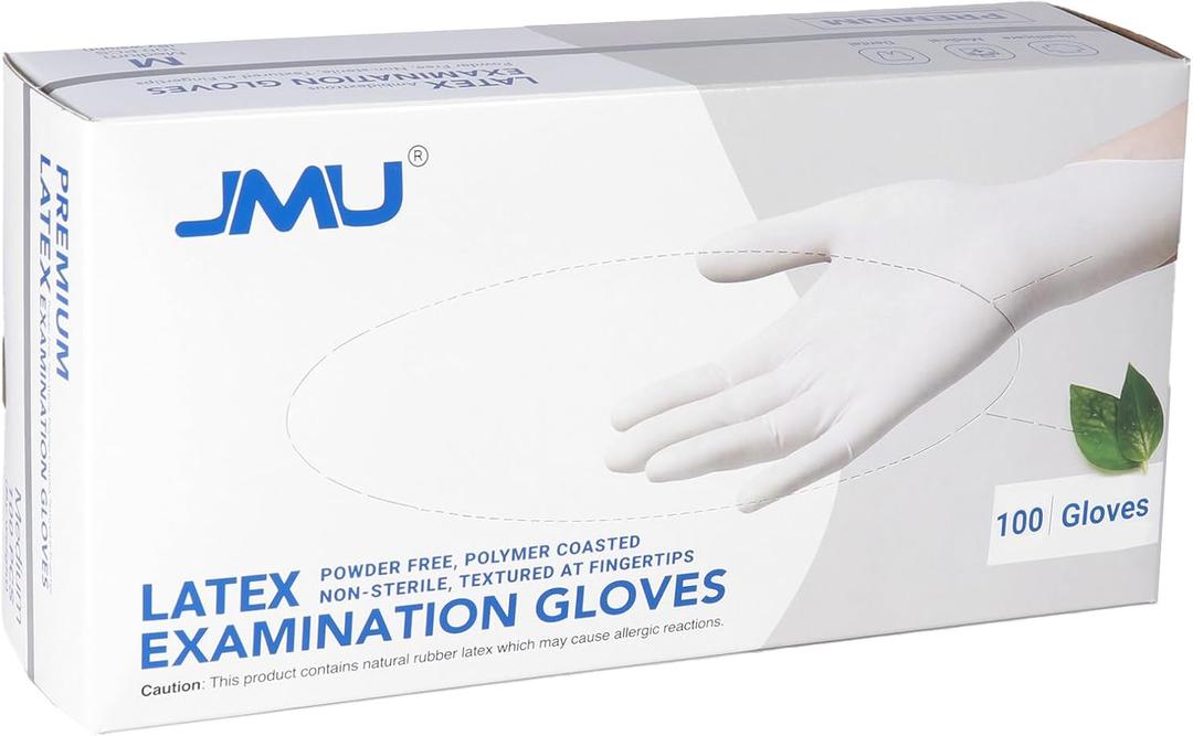 JMU Latex Gloves, Extra Thick 5 Mil Medical Exam Gloves, Powder Free, 100 Count/1000 Count (White, S)