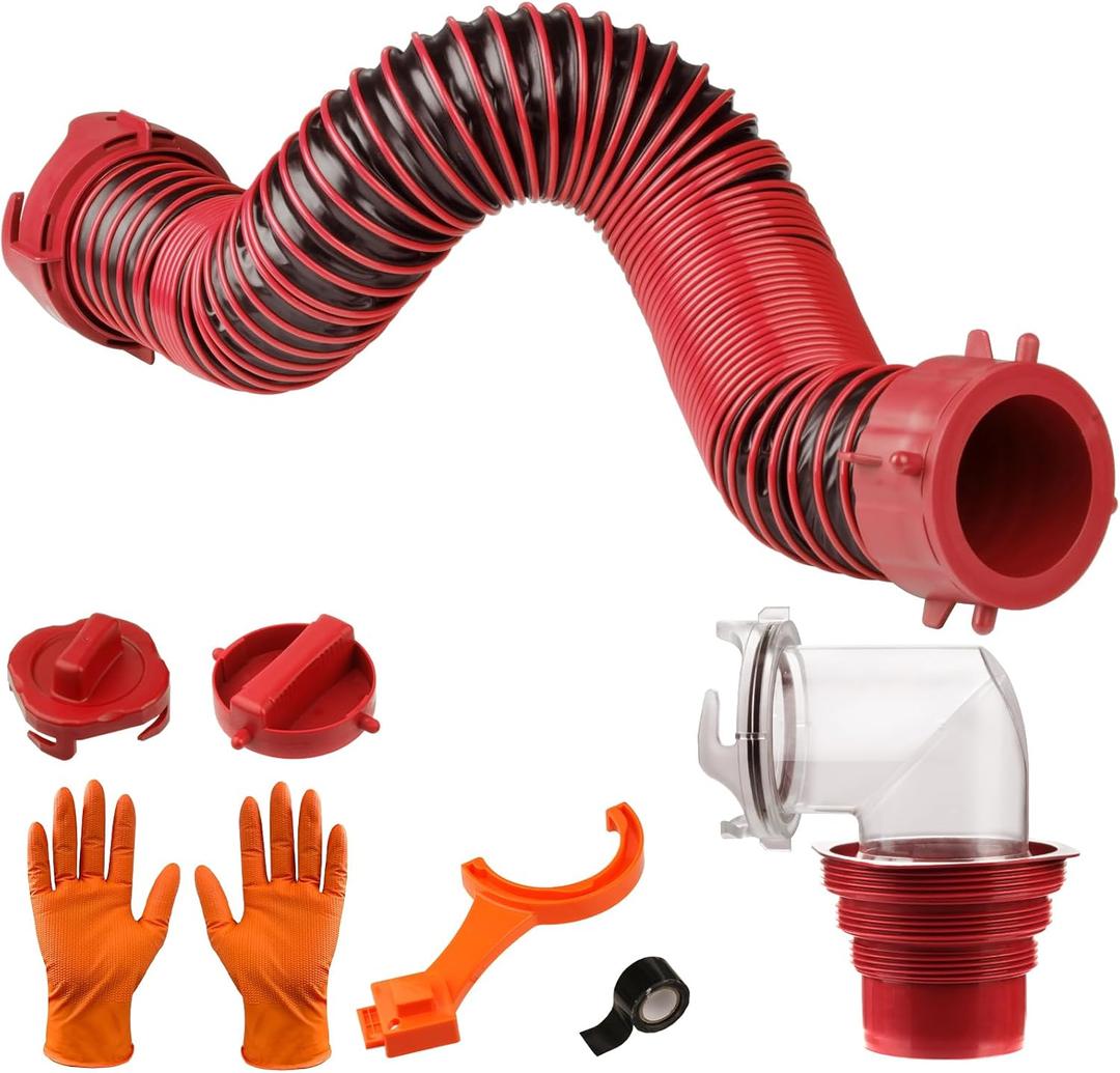 3FT RV Sewer Hose Kit: Heavy Duty Camper Waste Hose with Leak-Proof Swivel Fittings, 90 Clear Elbow, 4-in-1 Adapter, TPE Tech for Crush-Proof and UV-Resistant