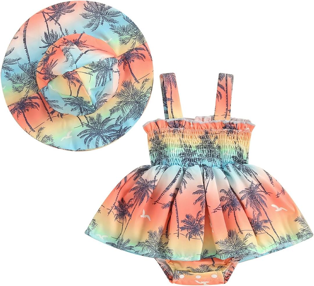 Mubineo Baby Girl Summer Clothes Floral Romper Dress Infant Sleeveless Rompers Skirt One Piece Boho Sun Dress Outfits (6-12 Months, Blue Orange Beach)