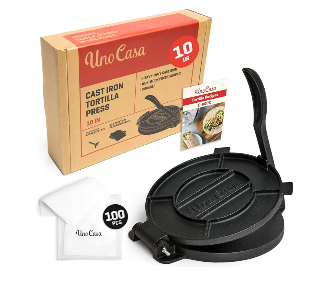 Uno Casa Cast Iron Tortilla Press 10 Inch - Tortilla Maker Press, Pre-Seasoned Roti Maker with 100 Pcs Parchment Paper - Heavy Duty Quesadilla Maker for Homemade Flatbreads, Rotis, Empanadas